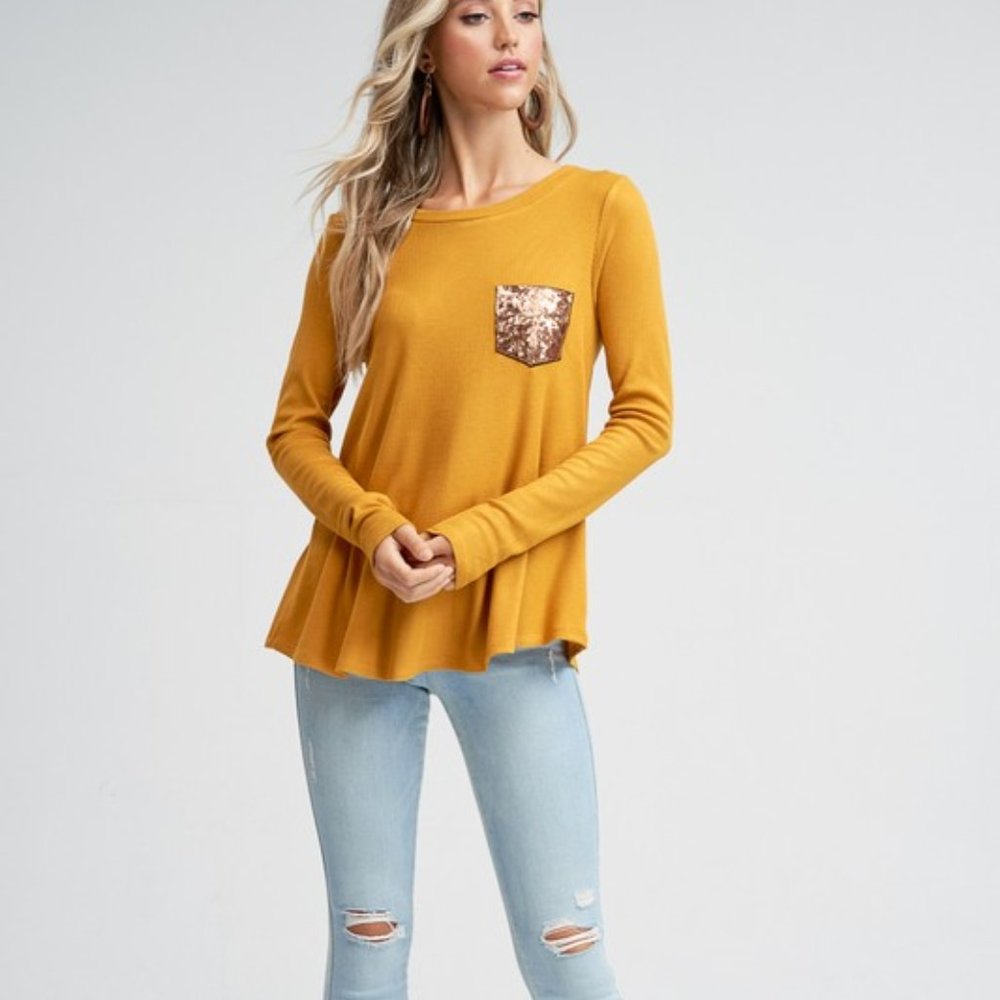 9. Mustard Thermal Top with Sequin Pocket and Buttons - Picture 4 of 5